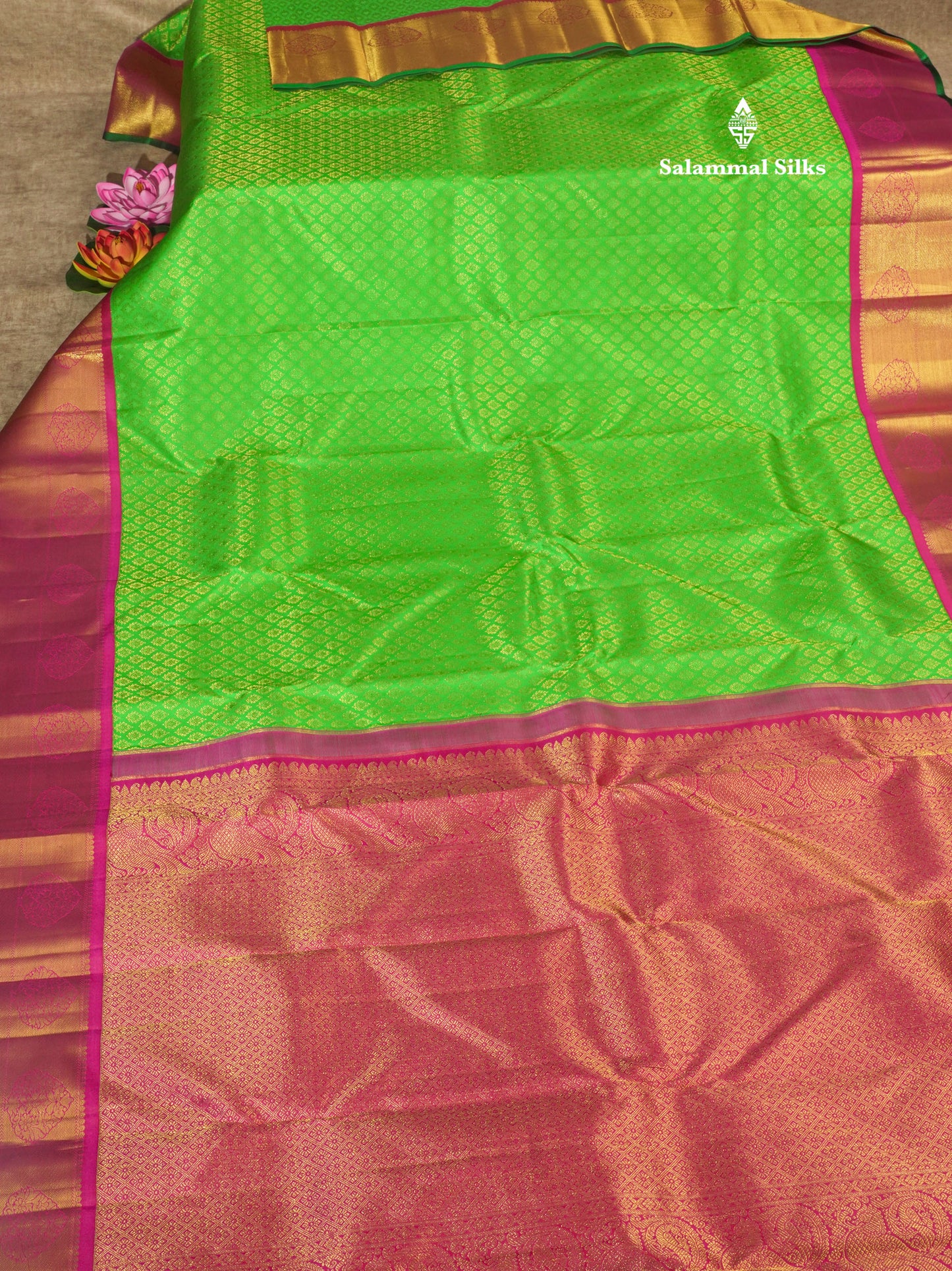 Korvai Green Pure Kanjivaram Silk Saree With Contrast Magenta Border