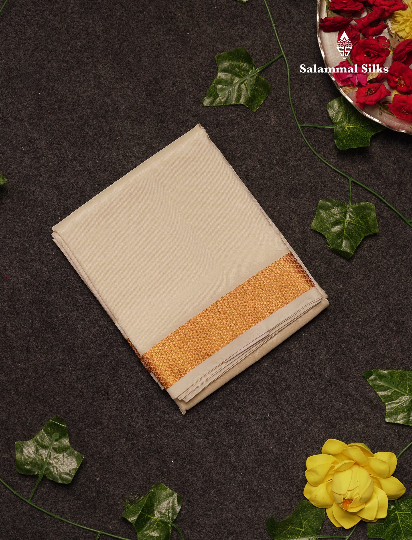 Beautiful Cream White Asha Mix (8x4) Dhoti With Gold Zari Border