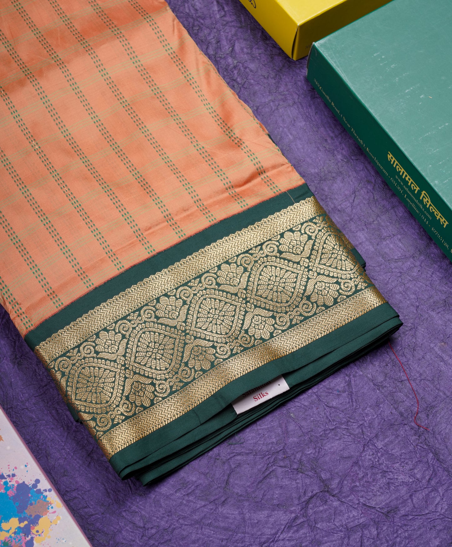 9 Yards Semi Silk Saree Orange Colour with Bottle Green Border