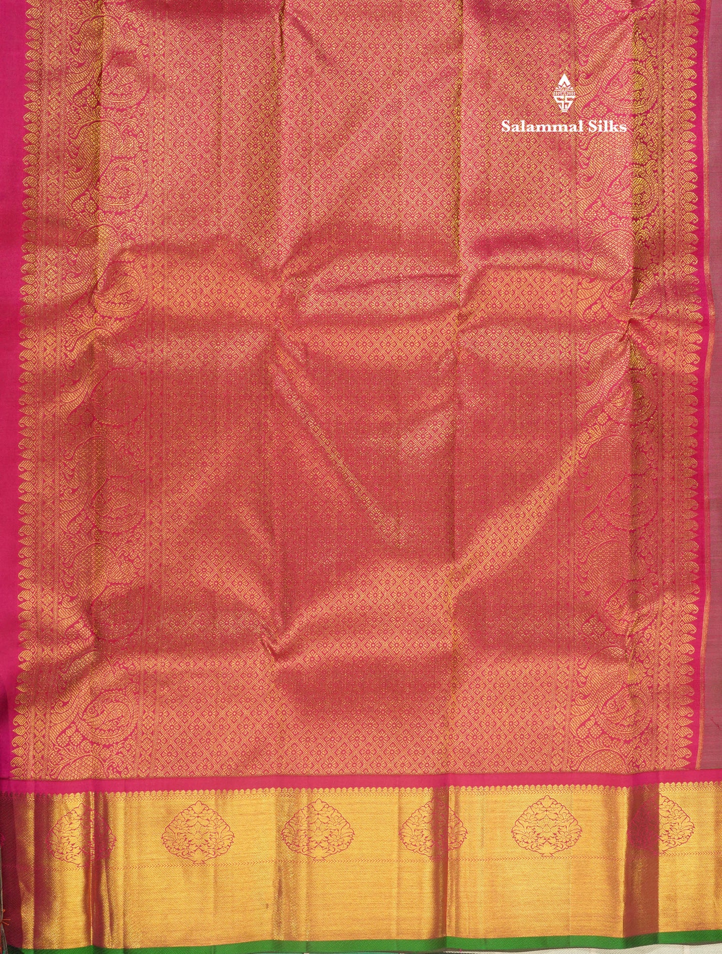 Korvai Green Pure Kanjivaram Silk Saree With Contrast Magenta Border