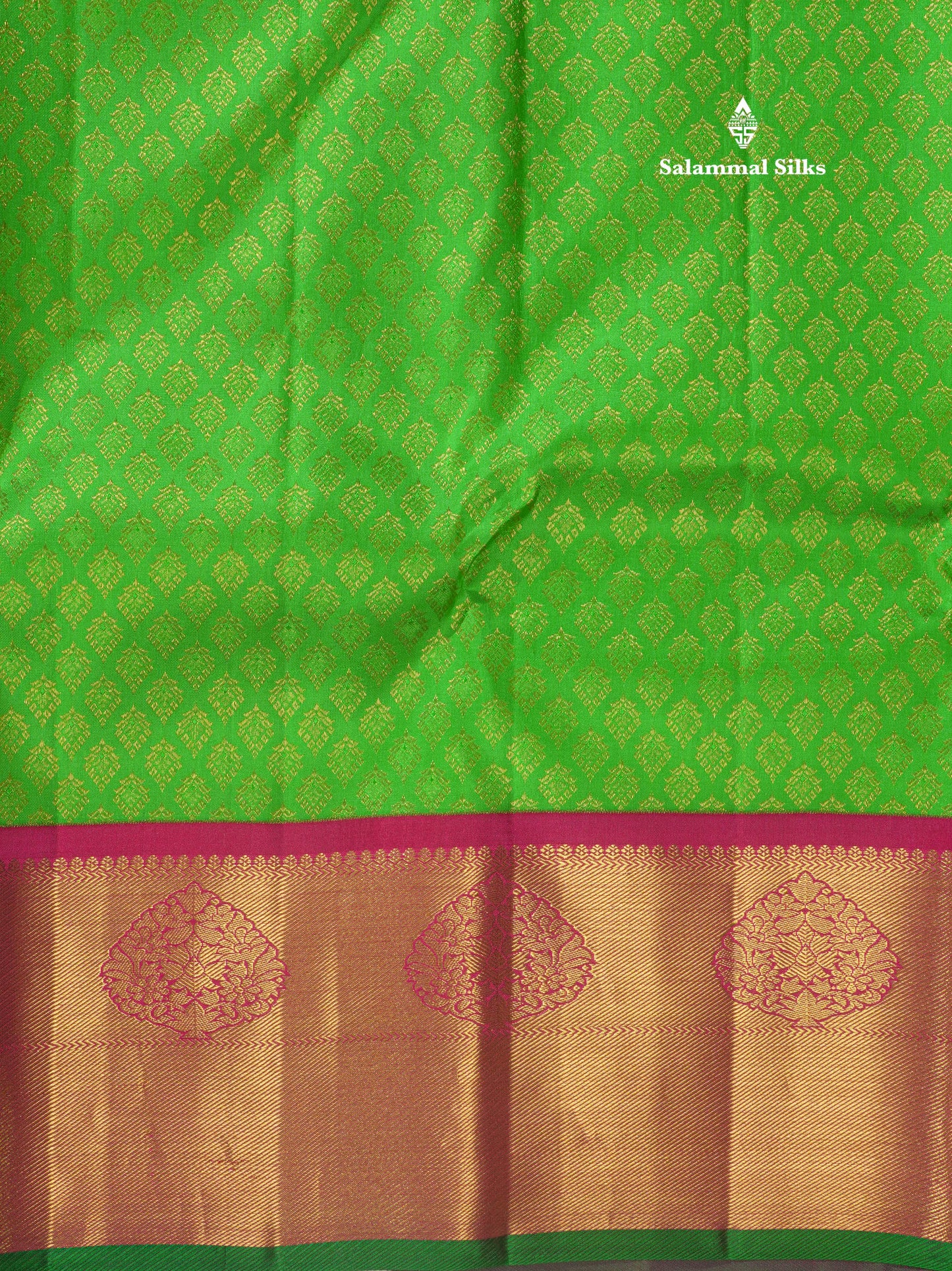 Korvai Green Pure Kanjivaram Silk Saree With Contrast Magenta Border