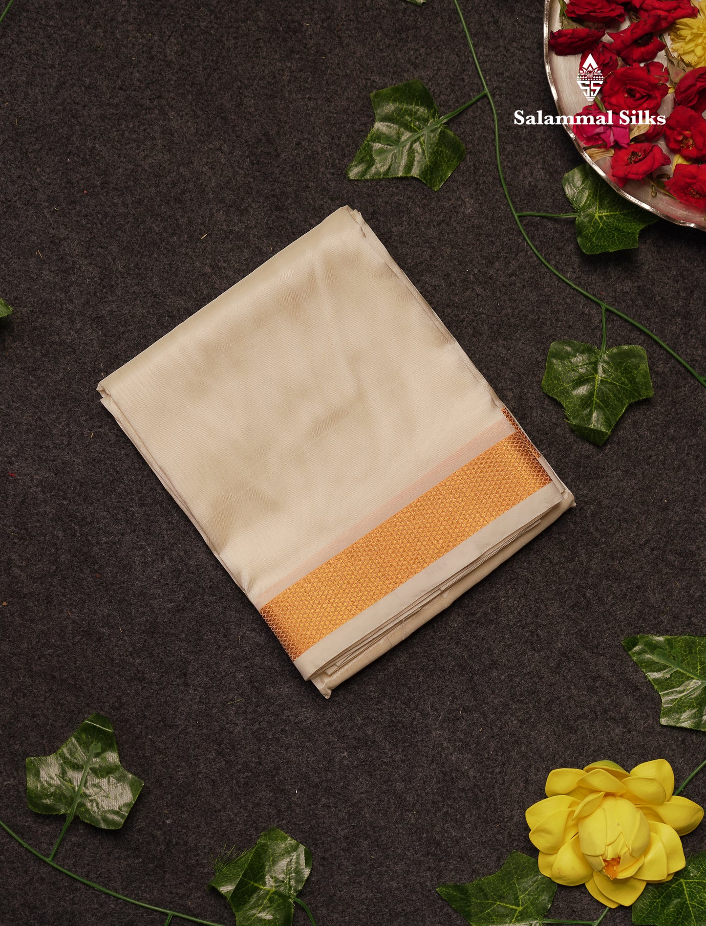 Beautiful Cream White Asha Mix 8 Muzham Dhoti With Gold Zari Border