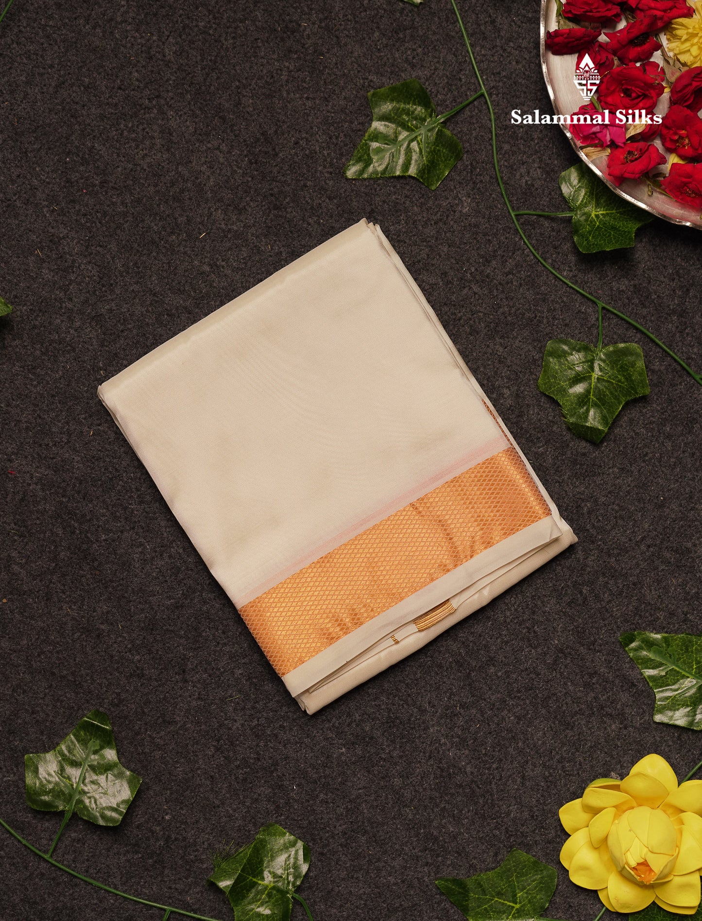 Beautiful Cream White Pure Mix 8 Muzham Dhoti With Gold Zari Border