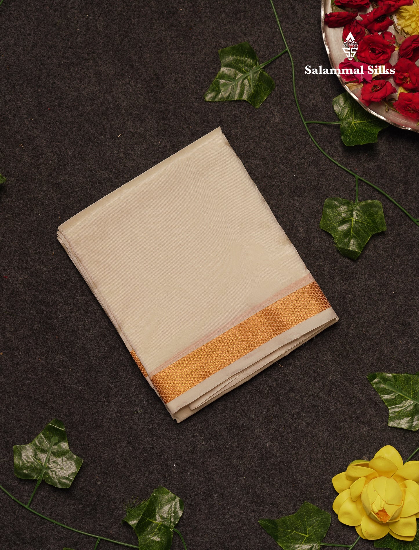 Beautiful Cream White Pure Mix 8 Muzham Dhoti With Gold Zari Border