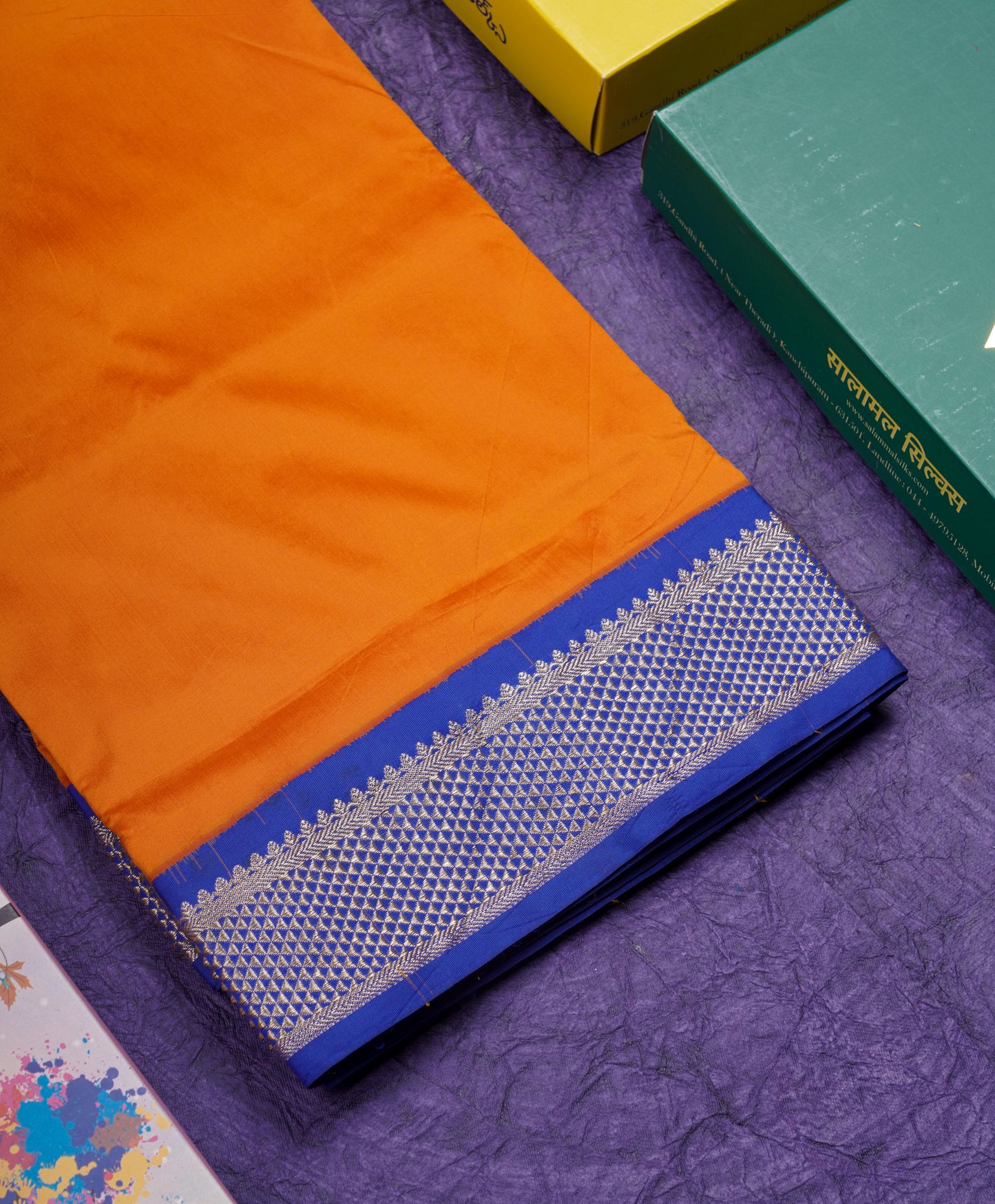 9.5 Yards Semi Silk Saree Rust Orange with Contrast Royal Blue Border
