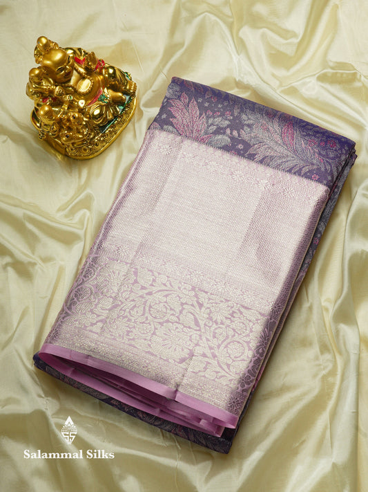 Violet Colour Pure Kanjivaram Fancy Silk Saree with Baby Pink Silver Zari Border