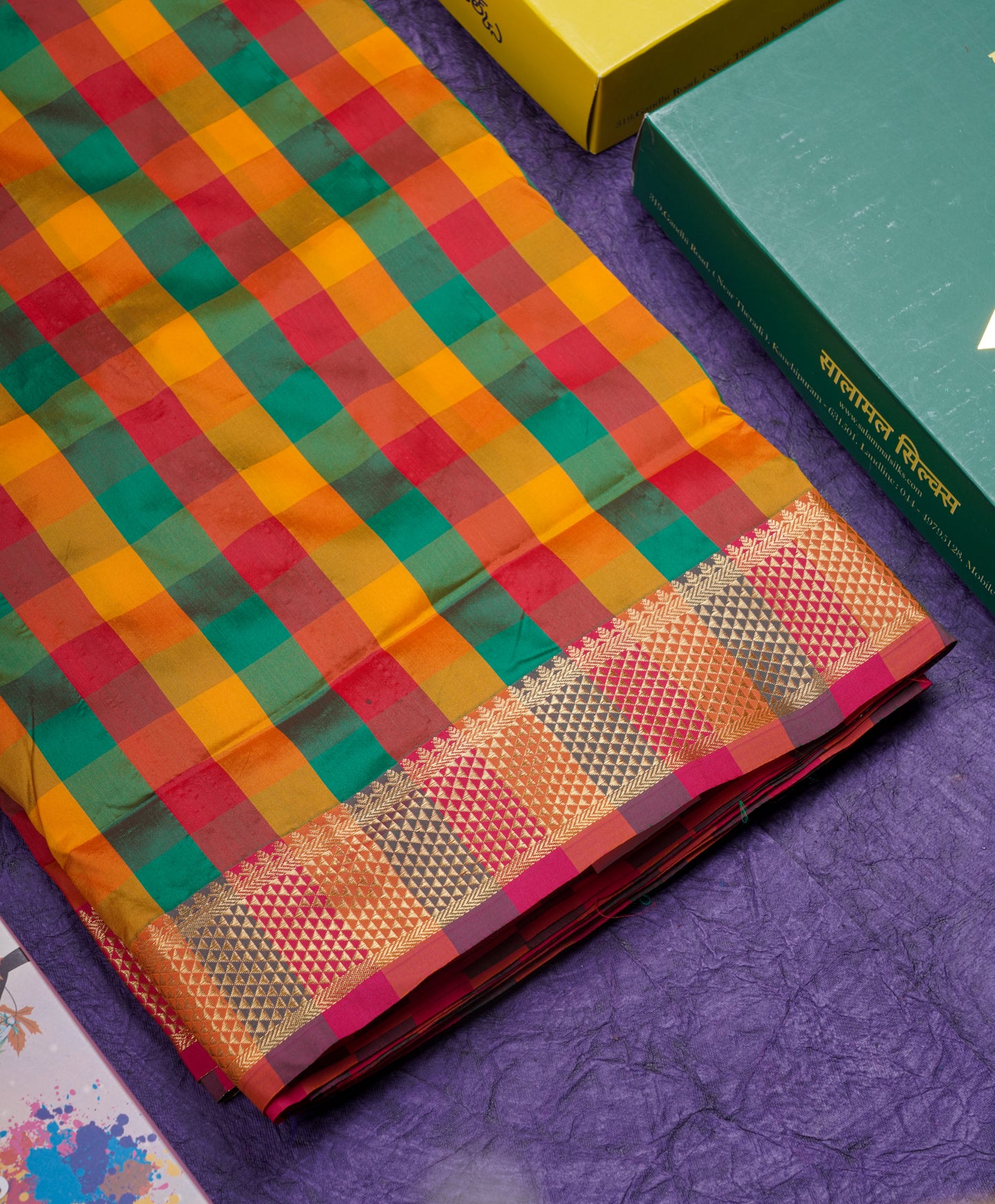 11 Yards Semi Silk Saree Multicolour Checks with Self Border
