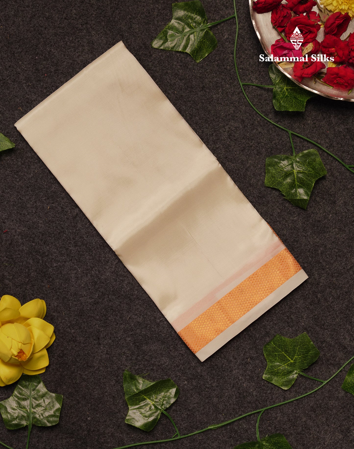 Beautiful Cream White Asha Mix Angavastram (1.80) With Gold Zari Border