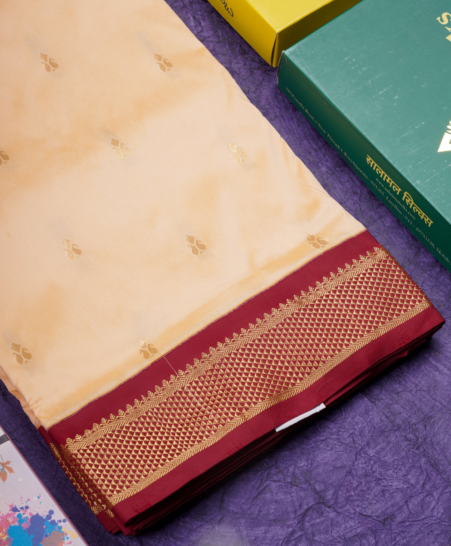 11 Yards Semi Silk Saree Mango Yellow with Contrast Maroon Border