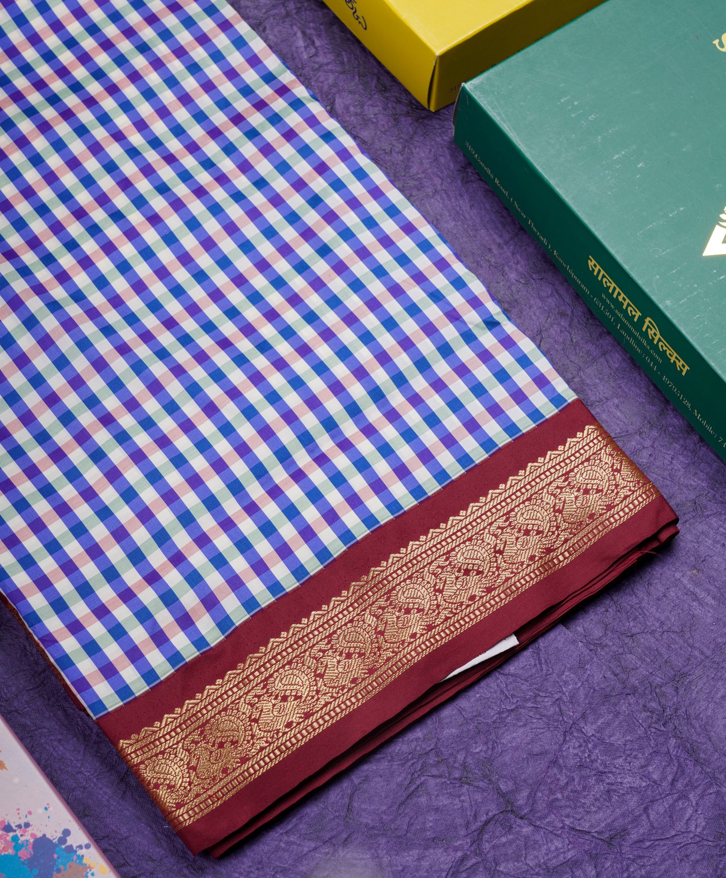 9.5 Yards Semi Silk Saree Multicolour Checks with Maroon Border