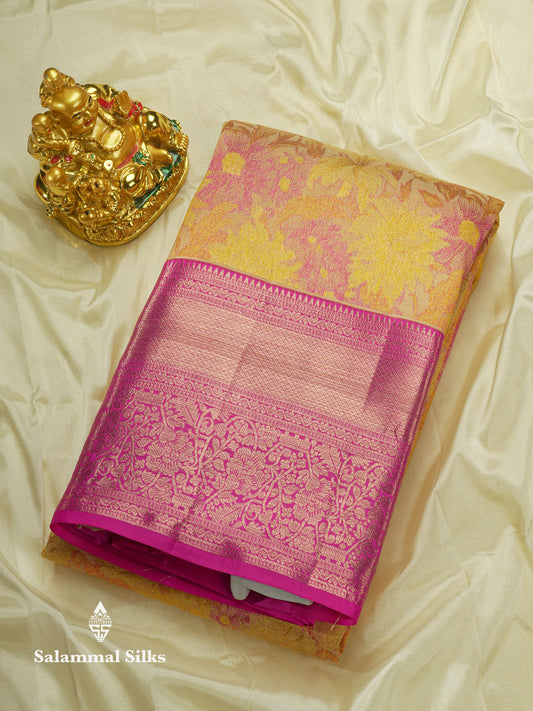 Yellow Colour Pure Kanjivaram Fancy Silk Saree with Pink Long Size Border