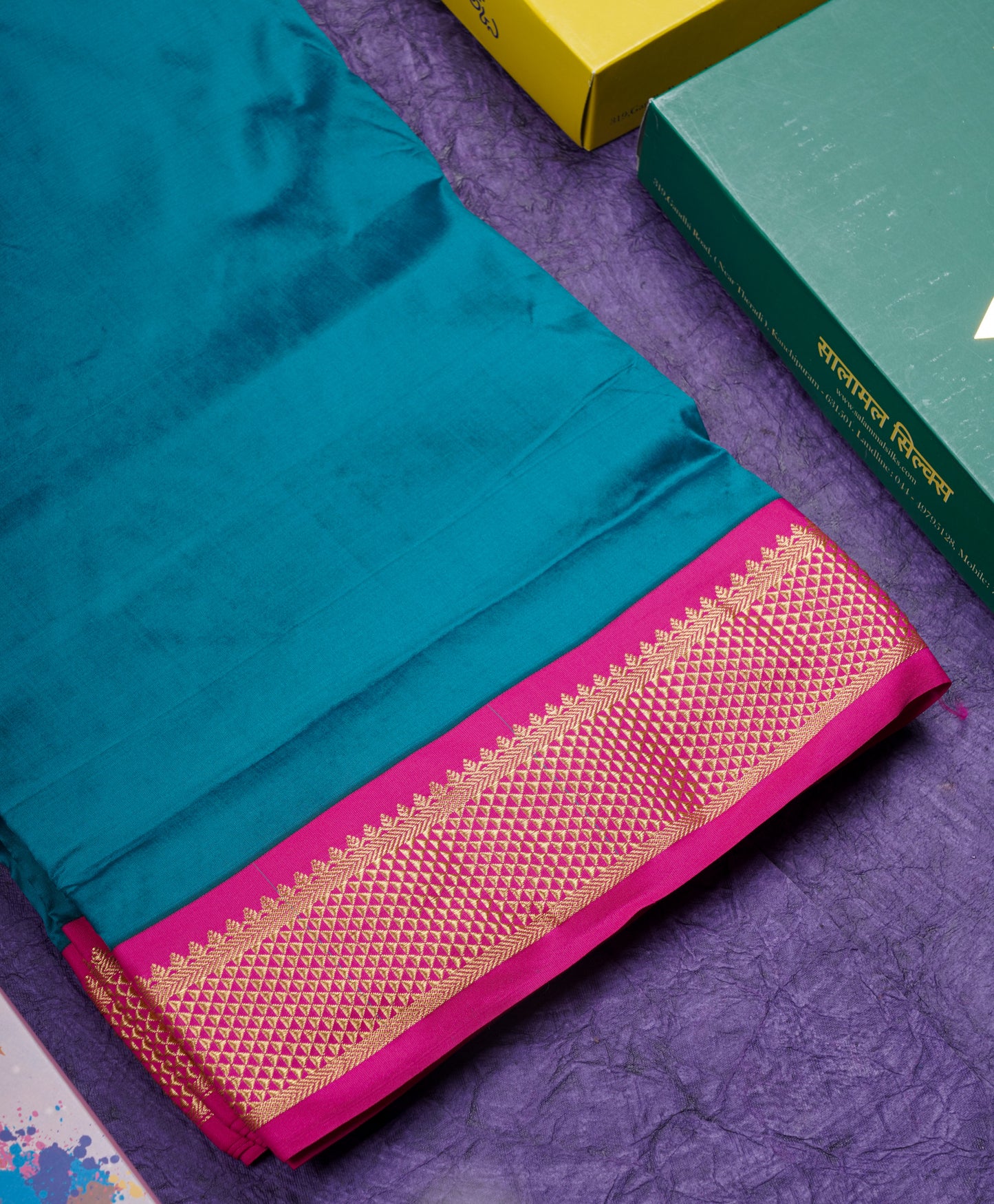 11 Yards Semi Silk Saree Royal Blue with Contrast Pink Border