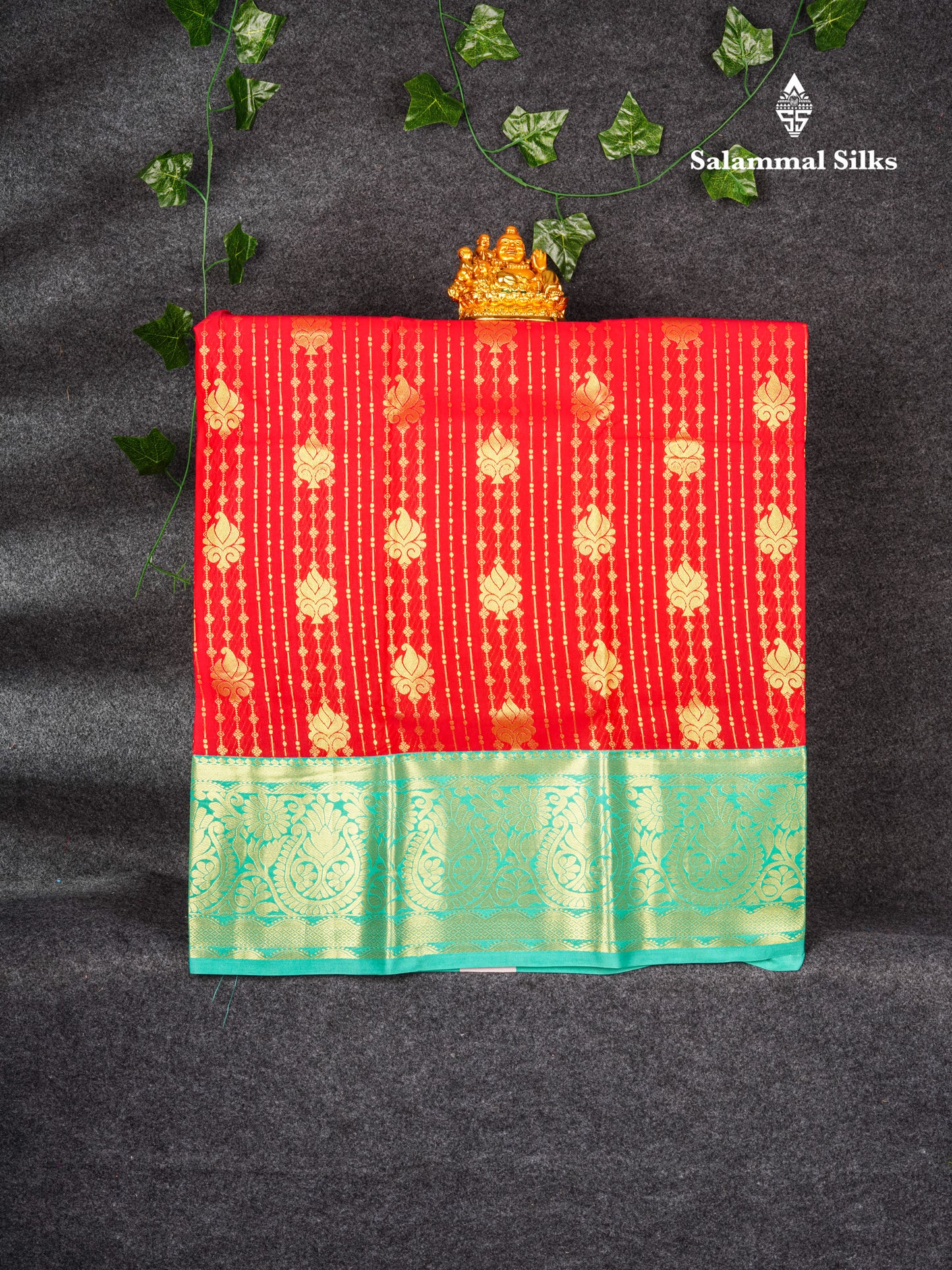 Semi Silk Pattu Pavadai (Pinkish Red) With Sapphire Green Blouse 36"