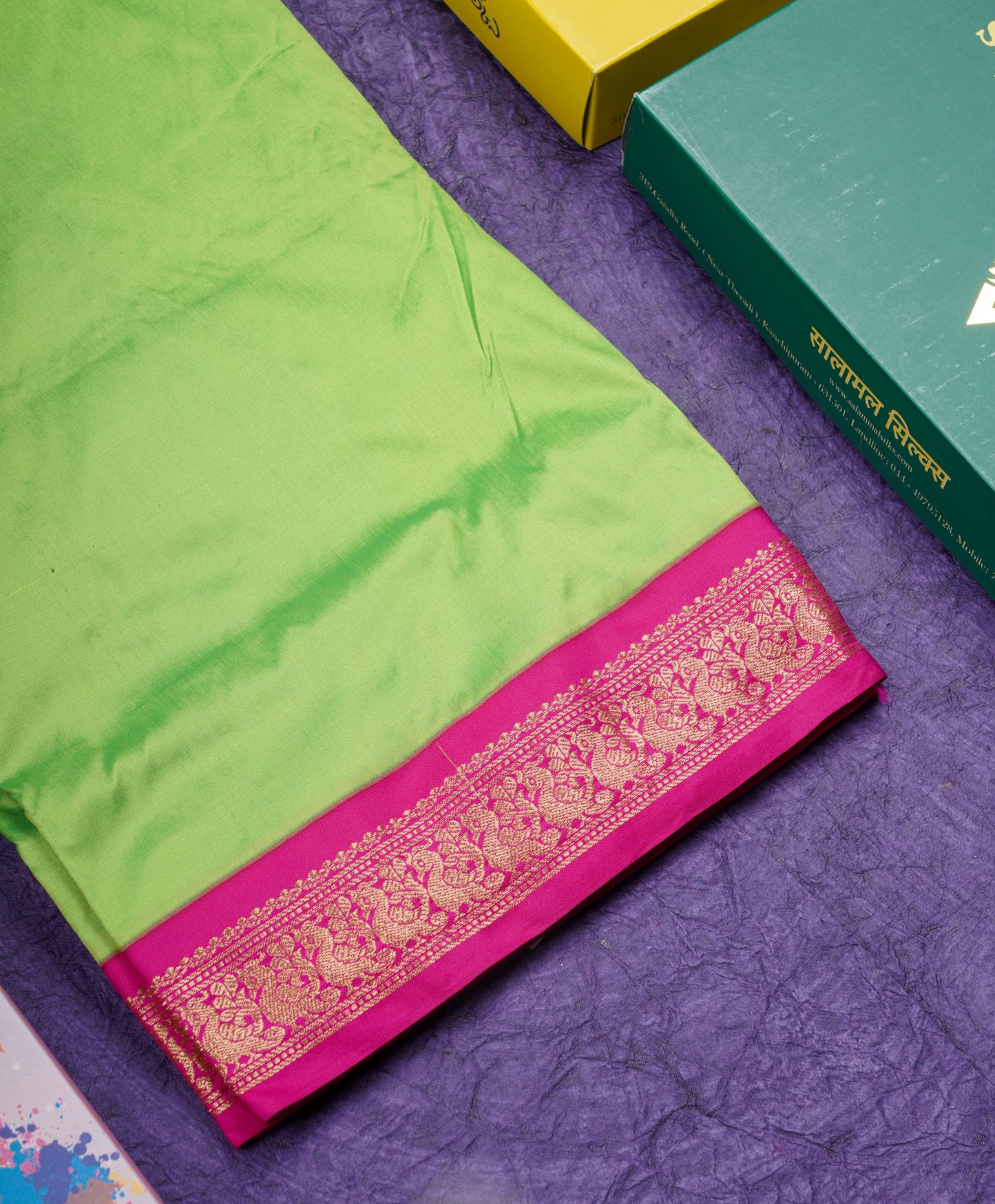 11 Yards Semi Silk Saree Green with Contrast Pink Border