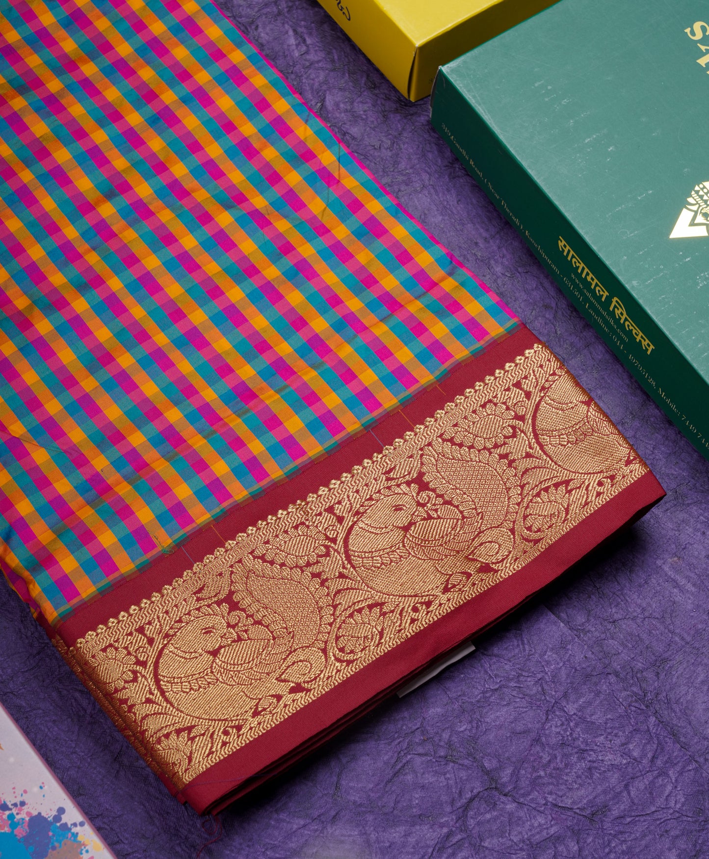 9.5 Yards Semi Silk Saree Multicolour Checks with Contrast Maroon Border