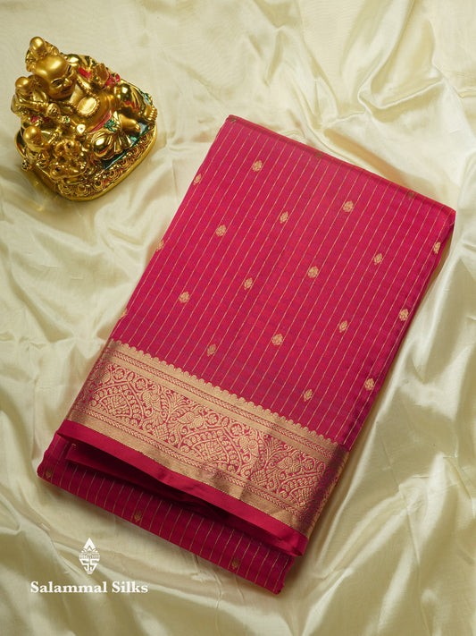 Pinkish Red Zari Lines Pure Kanjivaram Silk Saree With Small Border