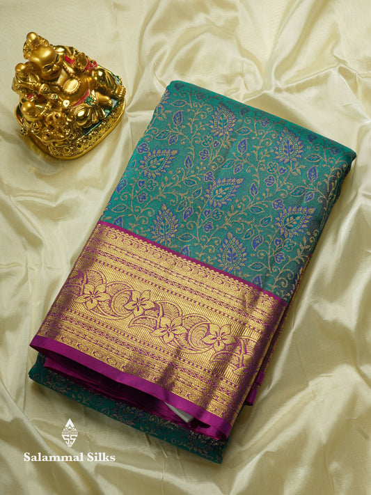 Peacock Blue Beautiful Bridal Pure Kanjivaram Silk Saree With Contrast Vadamalli Border