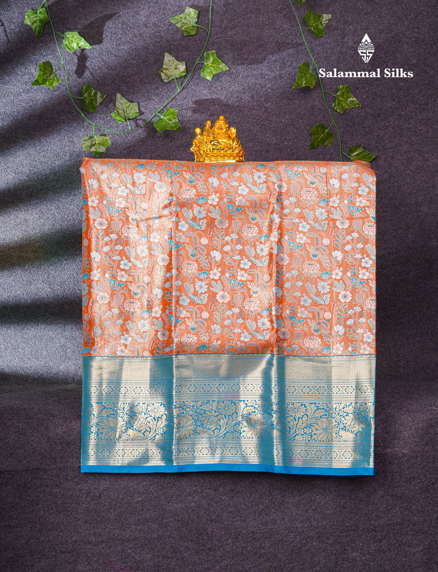 Semi Silk Pattu Pavadai Tissue (Orange) With Blue Blouse 37"
