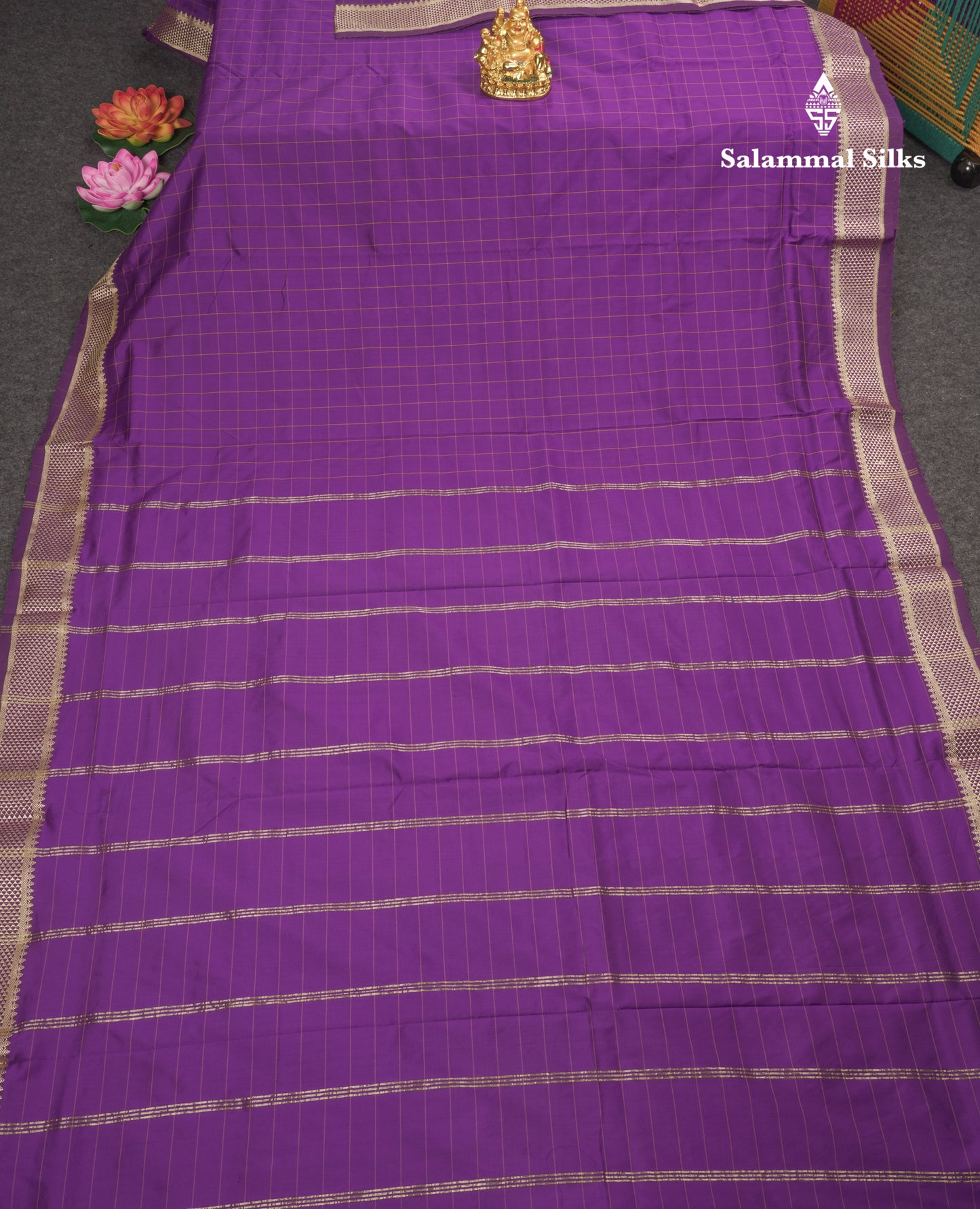 9 Yards Semi Silk Saree Purple Checks With Traditional Border