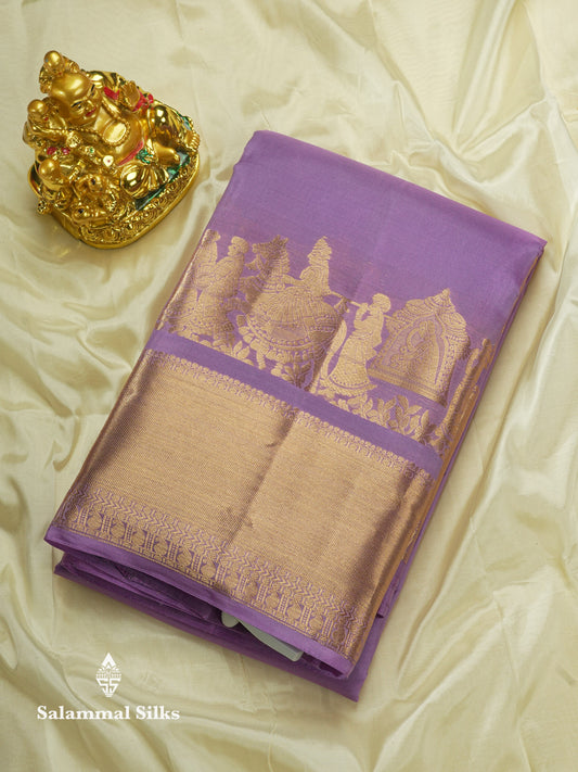 Lavender Plain Pure Kanjivaram Silk Saree with Traditional Pallakku Border