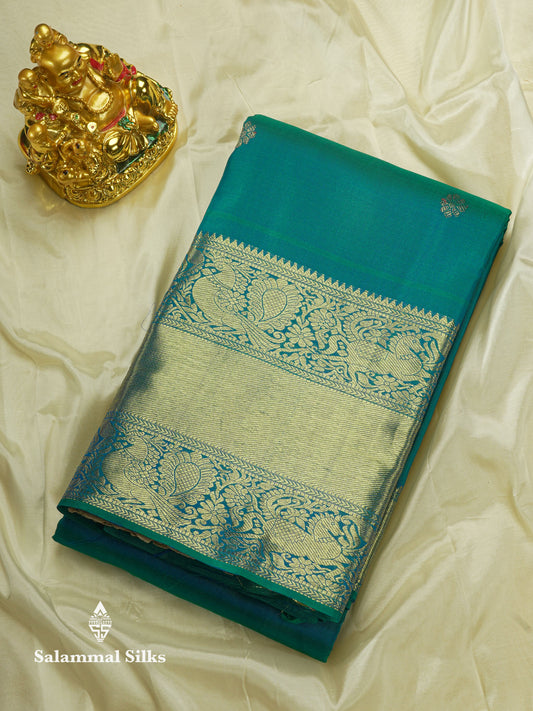 Dual tone Peacock Blue Pure Kanjivaram Silk Saree with Traditional Gold Zari Border
