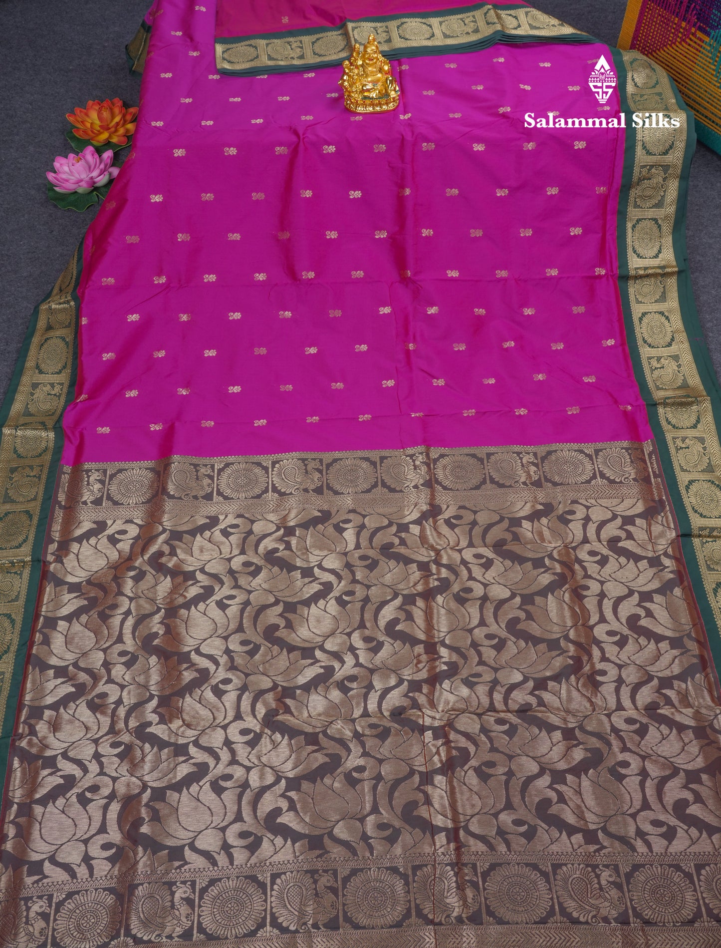 9 Yards Semi Silk Saree Magenta Pink With Contrast Bottle Green Border