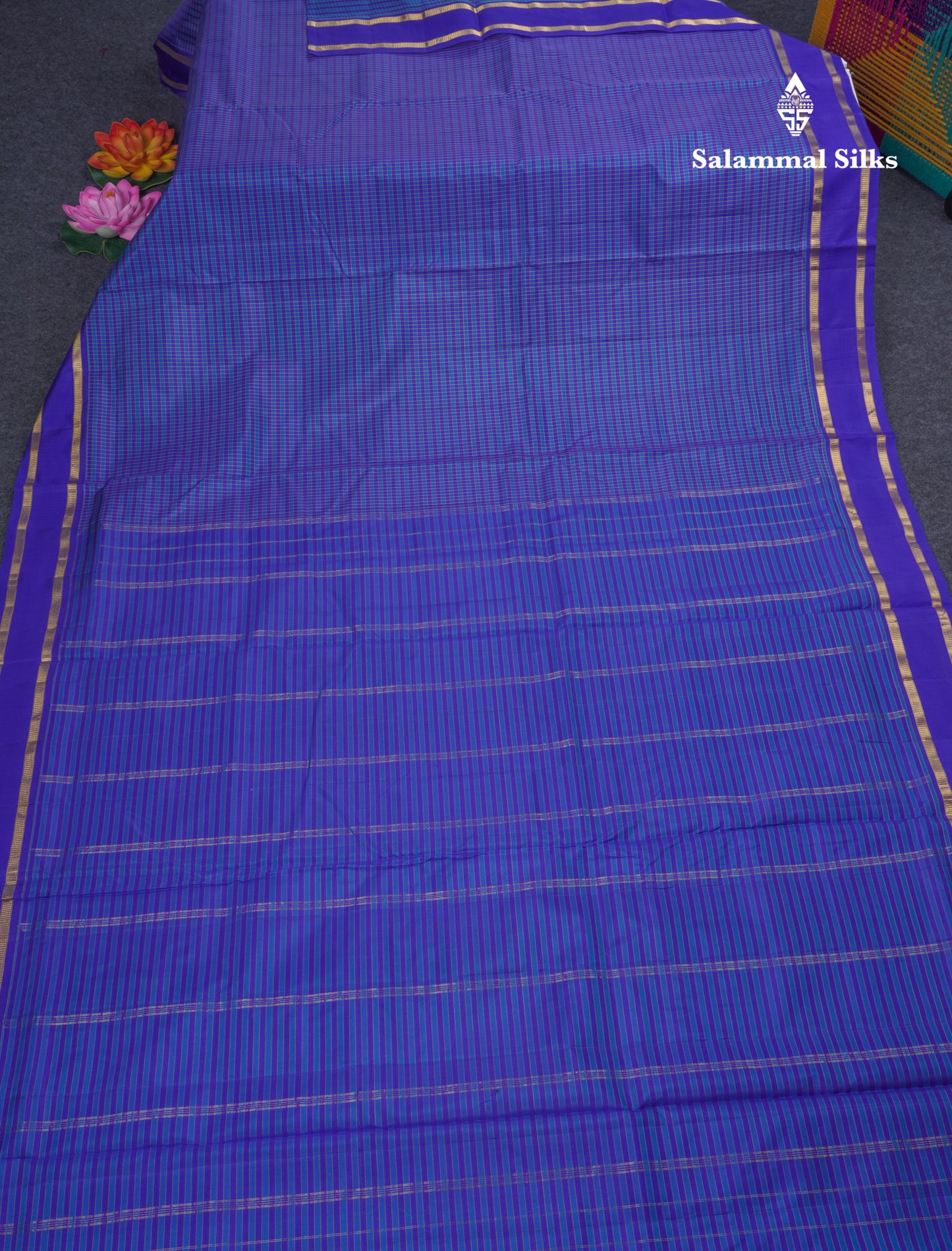 10 Yards Pure Silk Saree Blue & Violet Tiny Checks With Traditional Gap Border