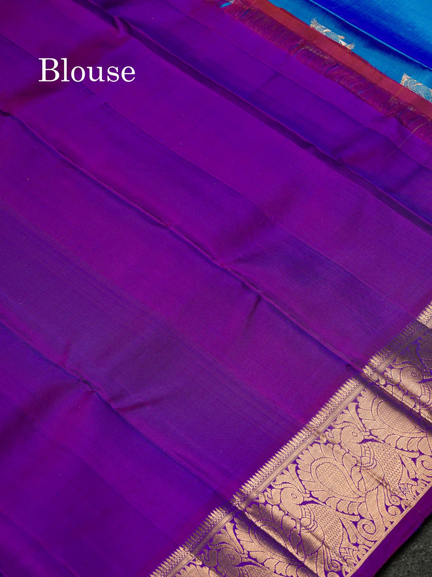 Beautiful Dual Tone Blue Pure Kanjivaram Silk Saree With Contrast Dark Purple Traditional Border