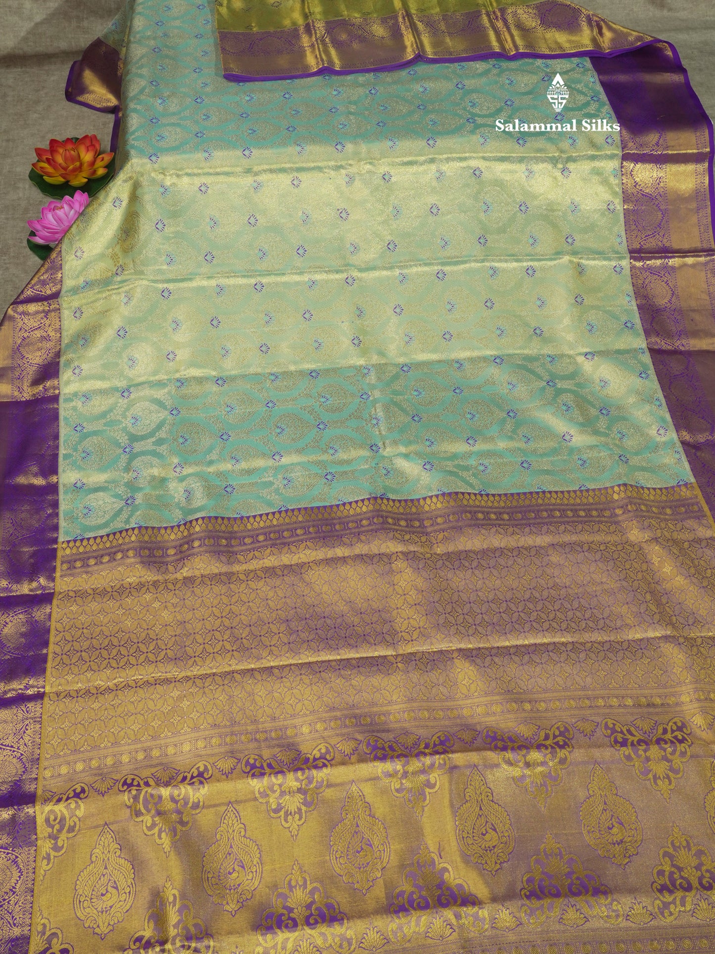 Beautiful Rexona Green Tissue Pure Kanjivaram Silk Saree With Contrast Violet Border
