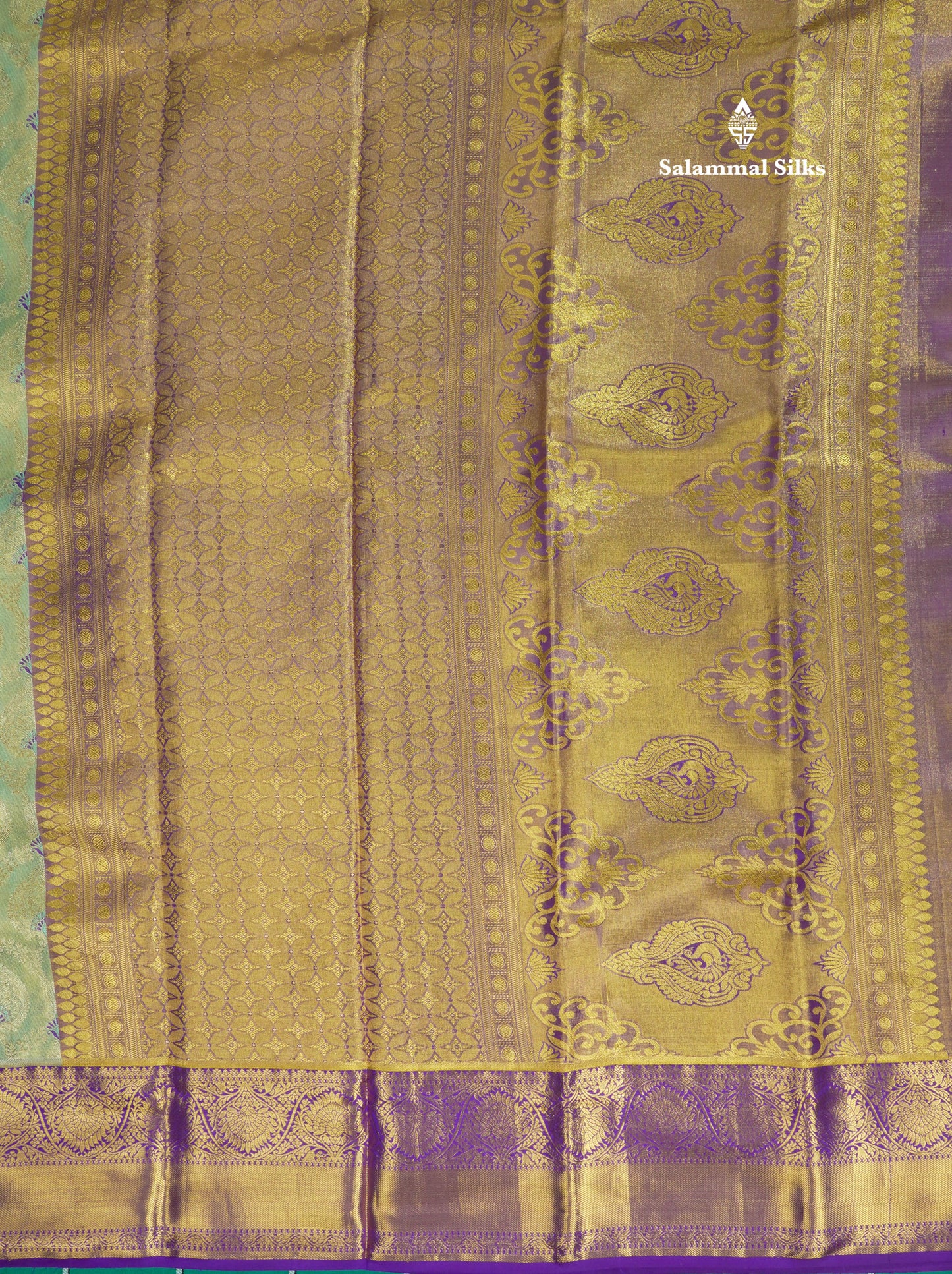 Beautiful Rexona Green Tissue Pure Kanjivaram Silk Saree With Contrast Violet Border
