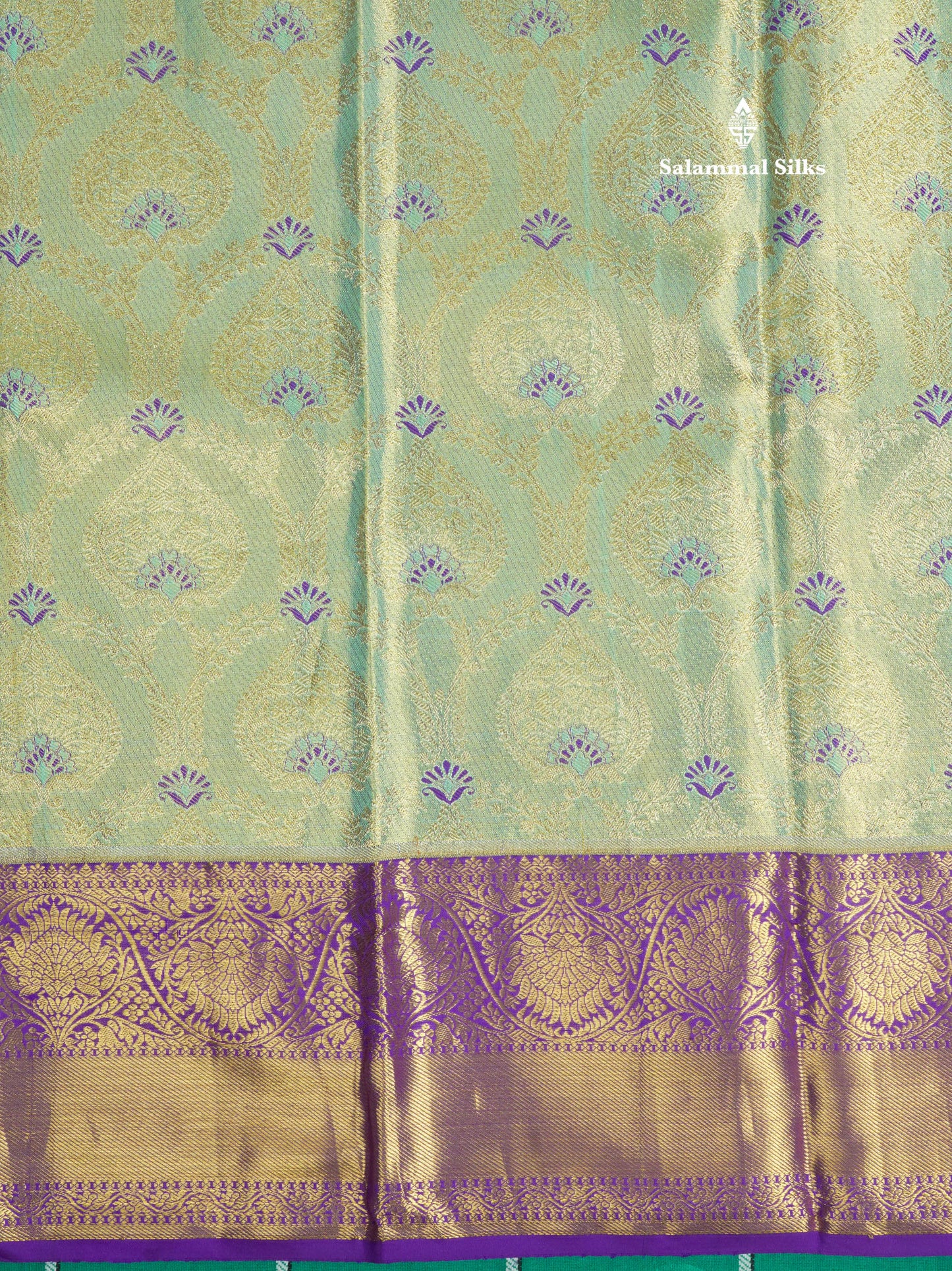 Beautiful Rexona Green Tissue Pure Kanjivaram Silk Saree With Contrast Violet Border