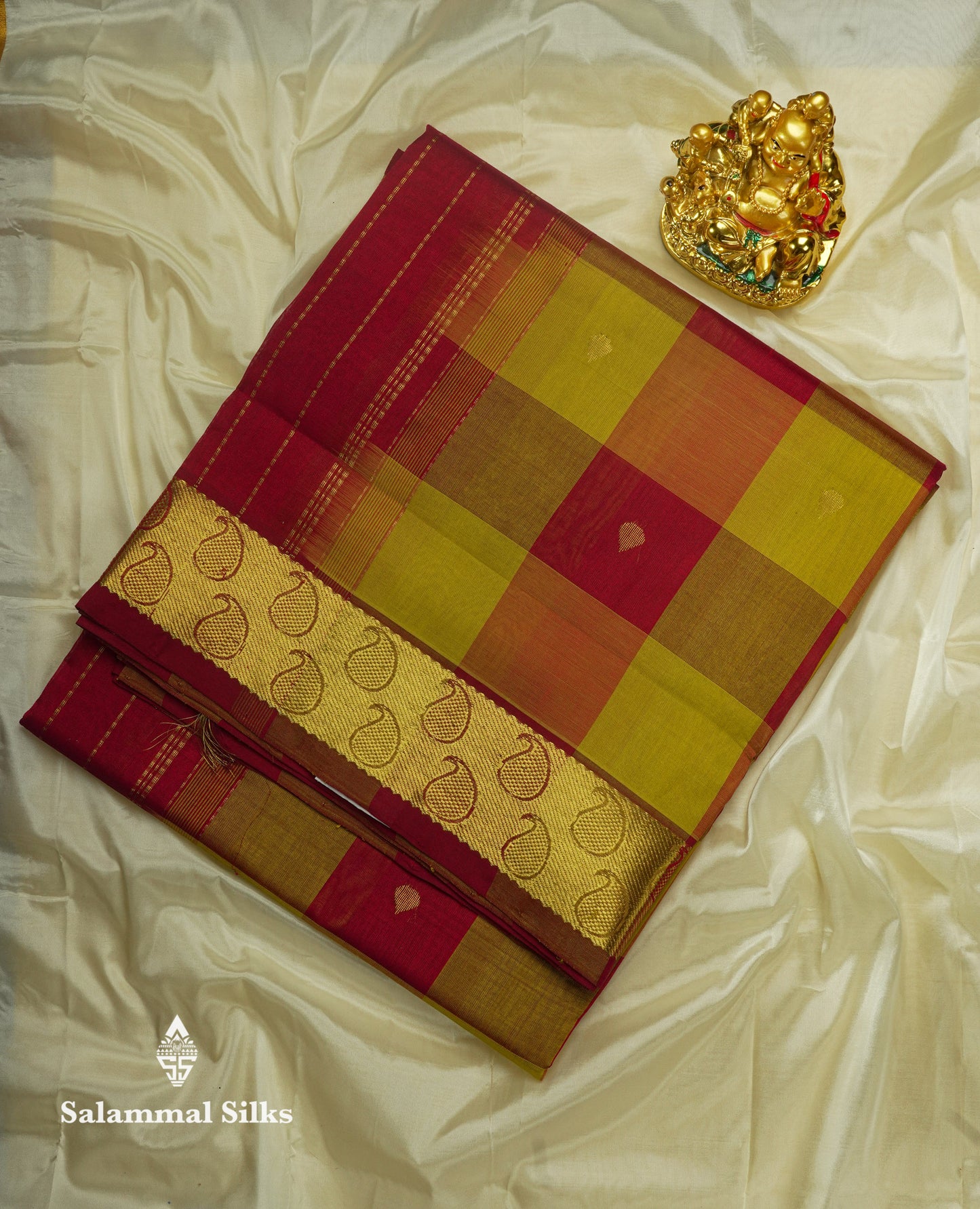 Multicolour Paalum Pazham Checks Pure Silk Cotton Saree With Traditional Gold Zari Border