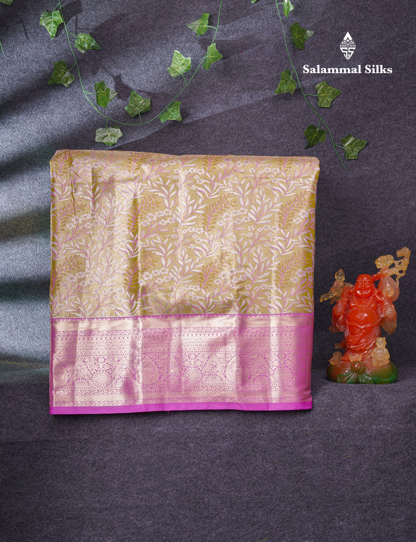 Semi Silk Pattu Pavadai Tissue (Olive Mustard Yellow) With Pink Blouse 36"
