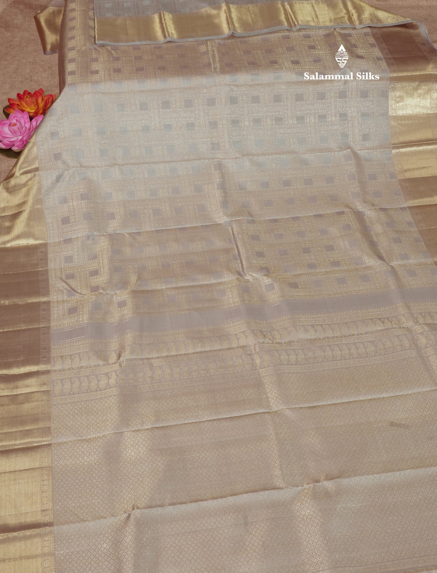 Beautiful Grey Pure Kanjivaram Silk Saree With Self Border
