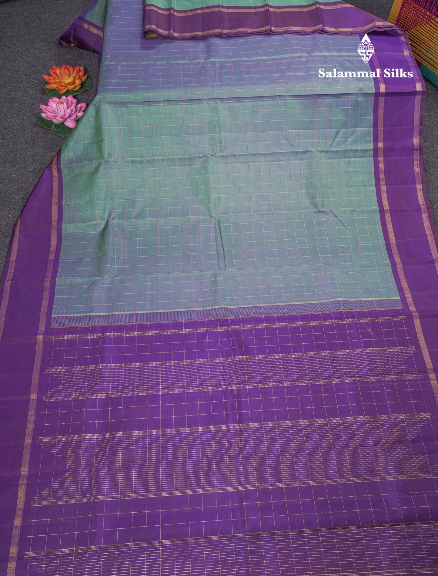 Dual Tone Blue Zari Checks Pure Kanjivaram Silk Saree With Violet Traditional Double Border