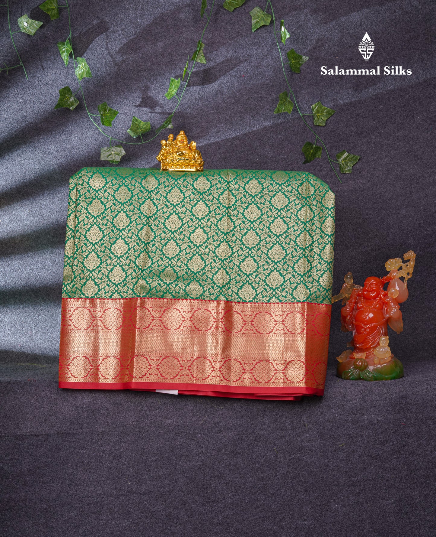Semi Silk Pattu Pavadai (Bottle Green) With Red Blouse 37"