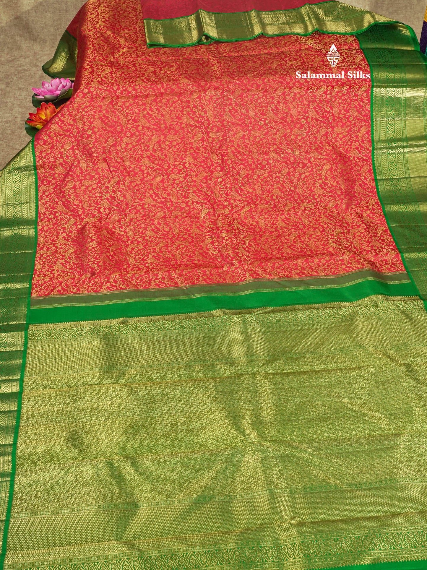 Red Pure Kanjivaram Silk Saree (2G) Zari With Contrast Bottle Green Border