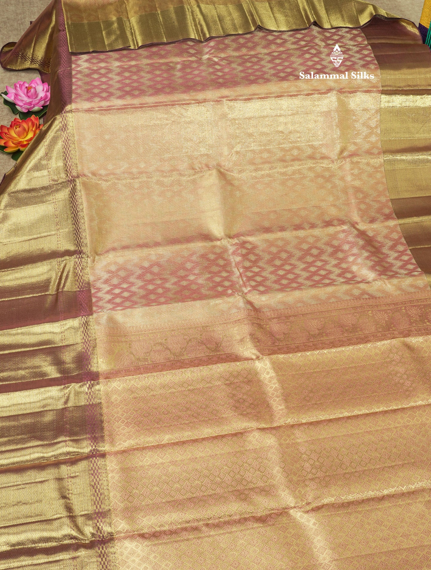 Onion Pink Tissue Pure Kanjivaram Silk Saree (2G) Zari With Contrast Long Brown Border