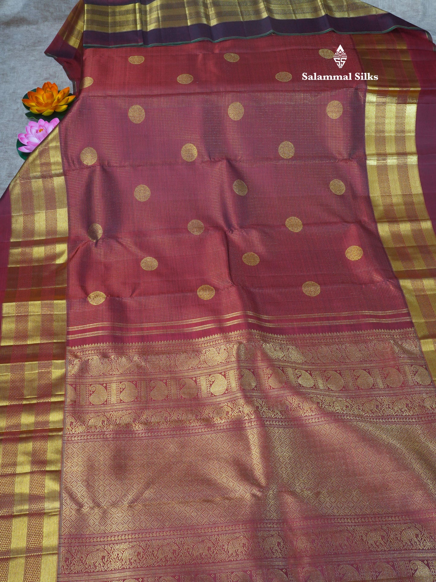 Pure Zari Beautiful Dark Maroon Tiny Zari Checks Pure Kanjivaram Silk Saree With Self Border