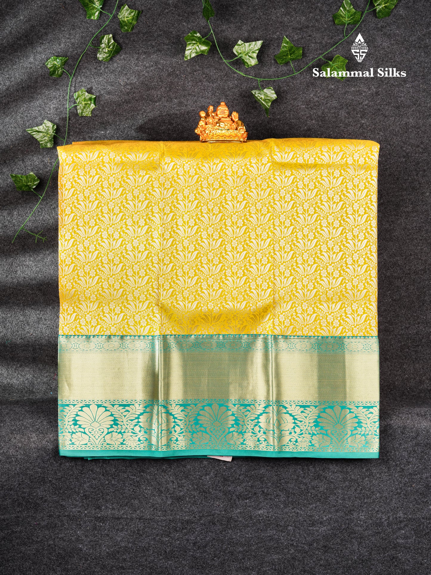 Semi Silk Pattu Pavadai ( Yellow ) With Peacock Green Blouse 44"