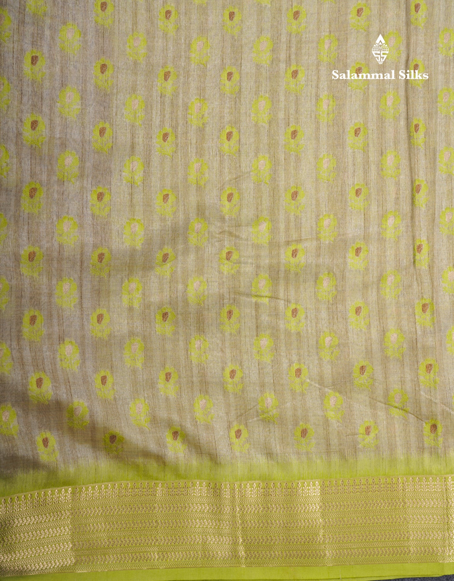 Light Sandal Semi Tussar Saree With Contrast Parrot Green Border