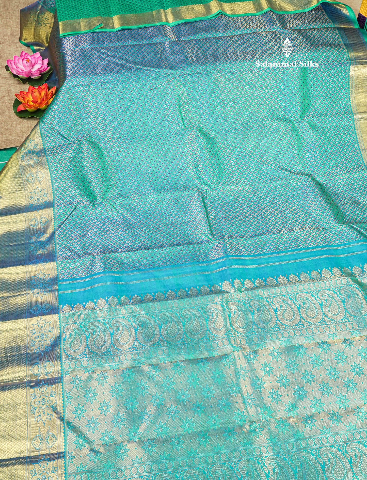 Beautiful Peacock Green Menakari Work Pure Kanjivaram Silk Saree (2G) Zari With Gold Zari Border
