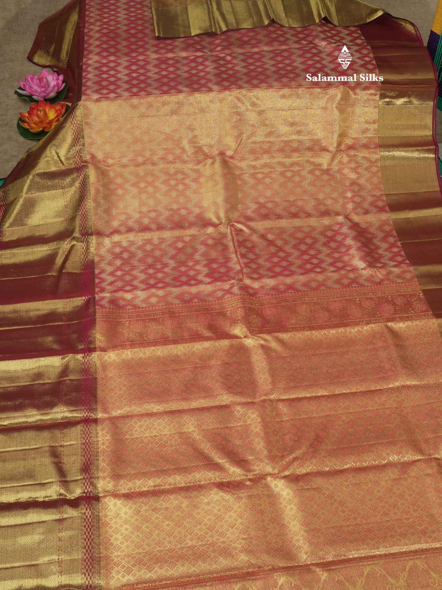 Pink Tissue Pure Kanjivaram Silk Saree (2G) Zari With Contrast Long Magenta Border