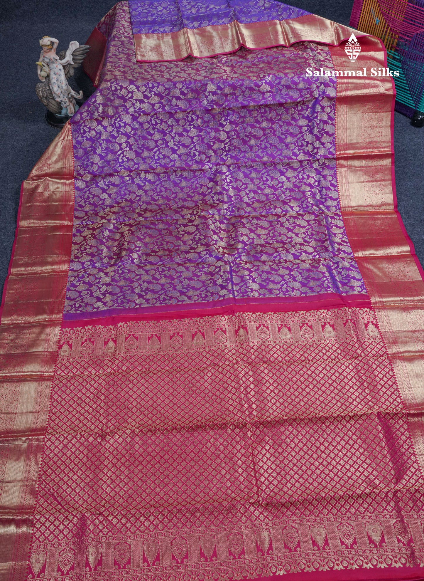 Violet Meenakari Work Bridal Pure Kanjivaram Silk Saree With Magenta Pink Border