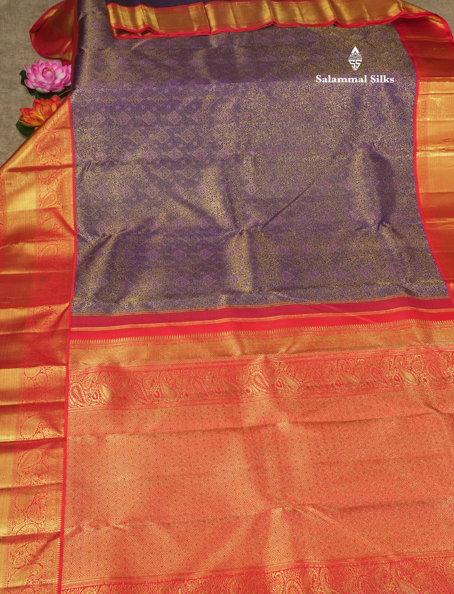 Korvai Violet Pure Kanjivaram Silk Saree (2G) Zari With Contrast Red Border