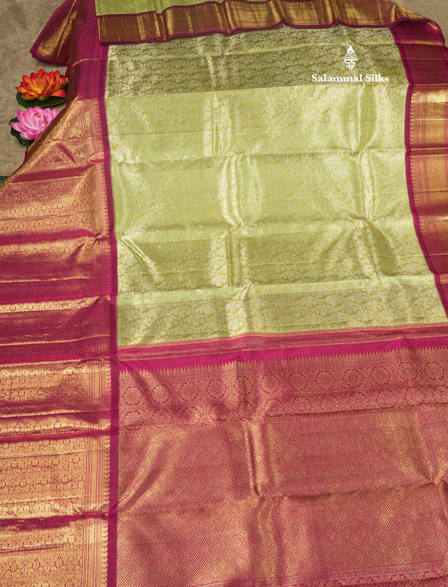 Light Elaichi Green Pure Kanjivaram Silk Saree (2G) Zari With Contrast Long Magenta Border