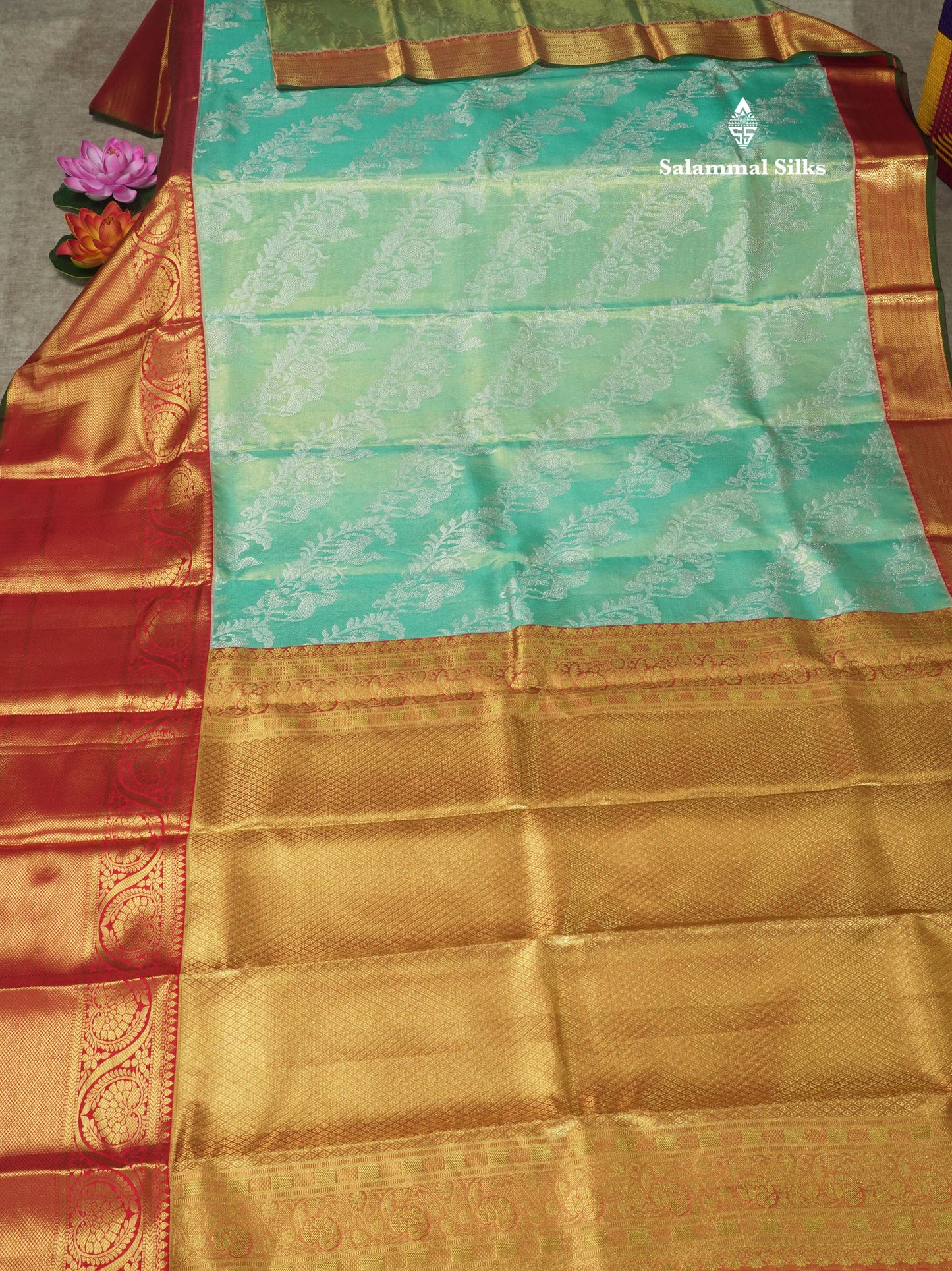 Beautiful Rexona Green Tissue Pure Kanjivaram Silk Saree With Contrast Red Border