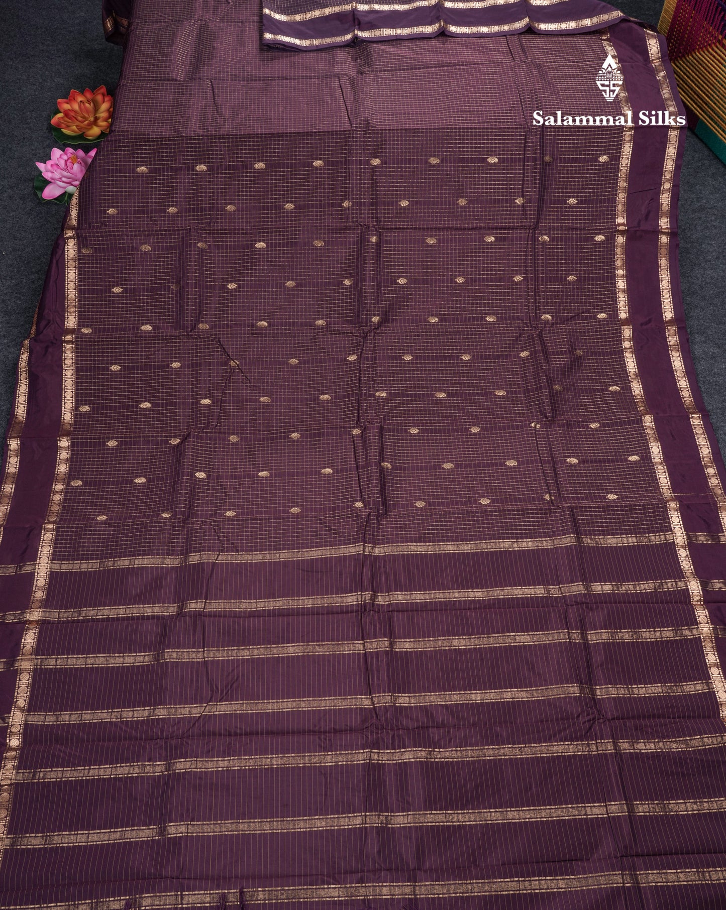 Light Weight Semi Silk Saree - Brown Checks With Butta With Traditional Rettapet Border