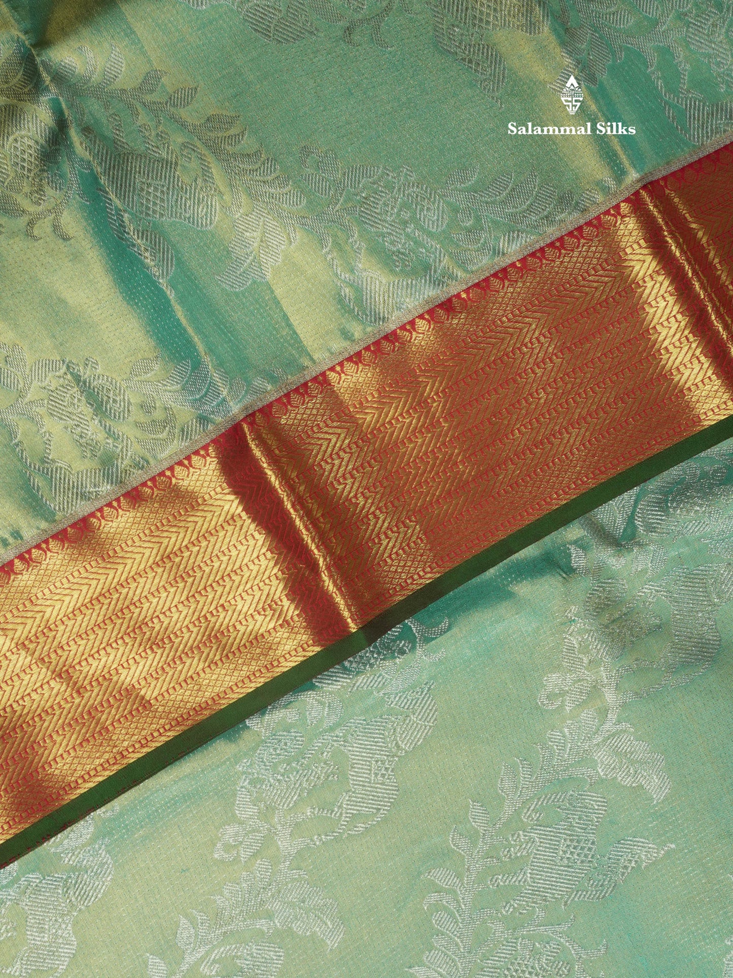 Beautiful Rexona Green Tissue Pure Kanjivaram Silk Saree With Contrast Red Border