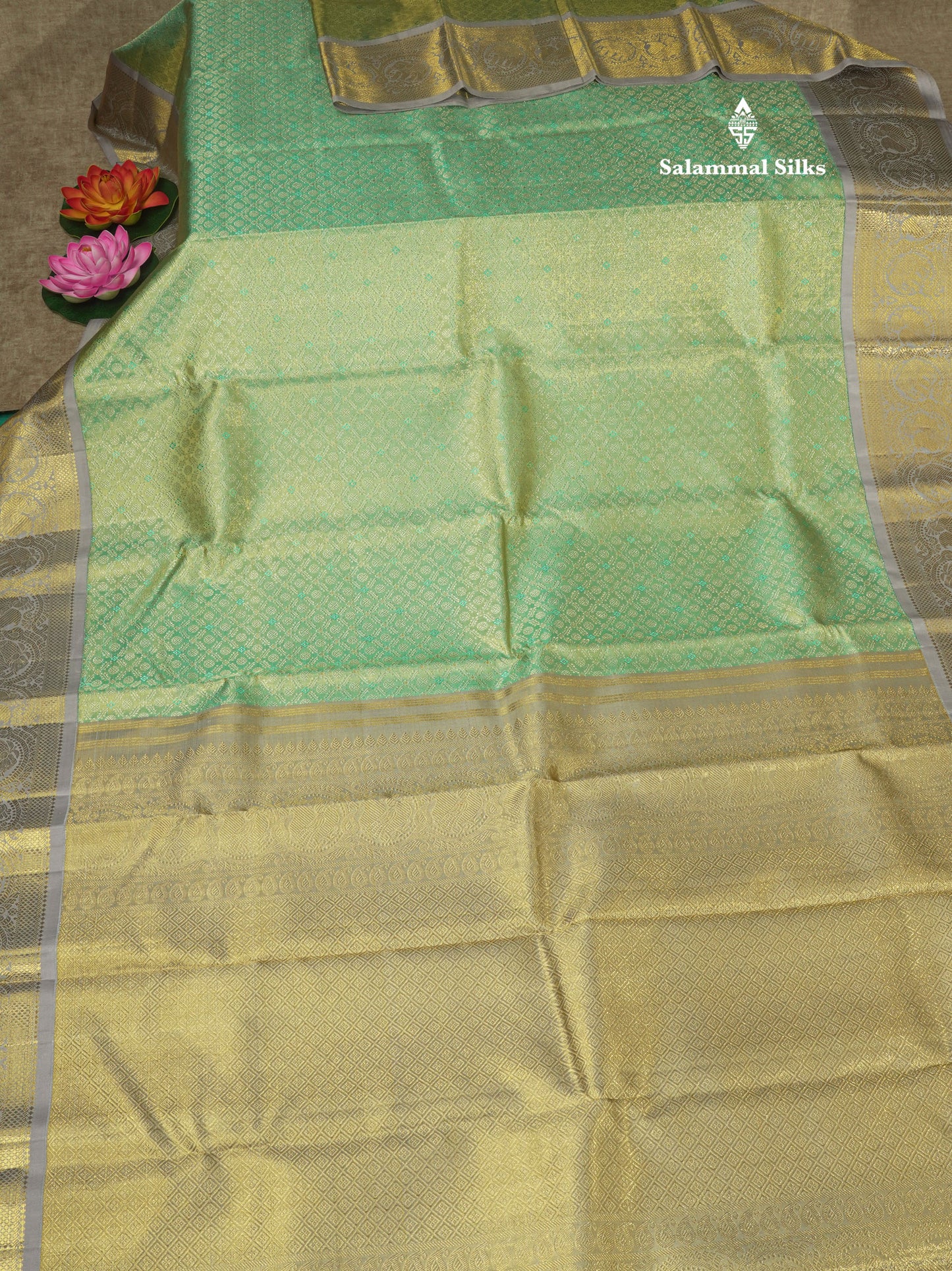 Light Green Tissue Pure Kanjivaram Silk Saree (2G) Zari With Contrast Grey Border